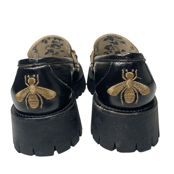 Gucci Black Leather Lug Sole Horsebit Loafers EU 36 Gold Horsebit Bee Embroidery - Picture 8 of 13